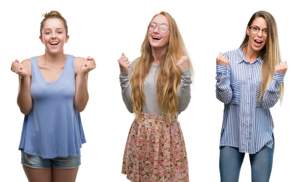 Collage Van Groep Blonde Vrouwen Geïsoleerde Achtergrond Vieren Verrast Verbaasd — Stockfoto