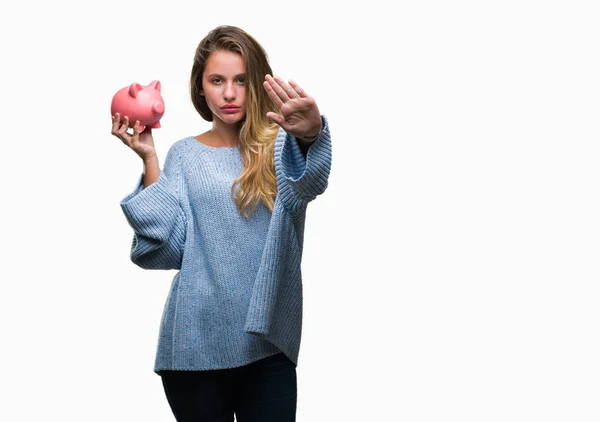 Young Beautiful Blonde Woman Holding Piggy Bank Isolated Background Open — Stock Photo, Image