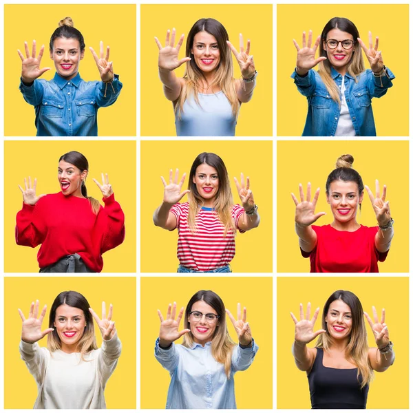 Colagem Jovem Bela Mulher Sobre Amarelo Isolado Fundo Mostrando Apontando — Fotografia de Stock