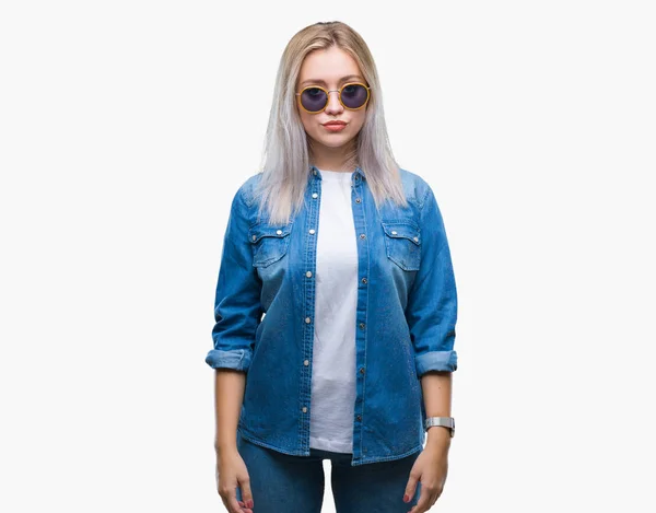 Young Blonde Woman Wearing Sunglasses Isolated Background Serious Expression Face — Stock Photo, Image