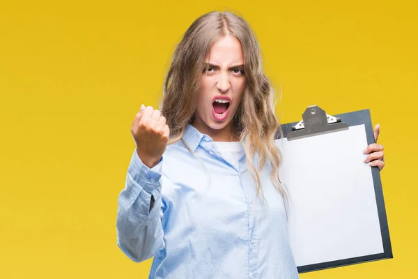 Beautiful Young Blonde Business Woman Holding Clipboard Isolated Background Annoyed — Stock Photo, Image