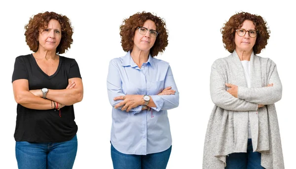 Collage Middle Age Senior Woman White Isolated Background Skeptic Nervous — Stock Photo, Image