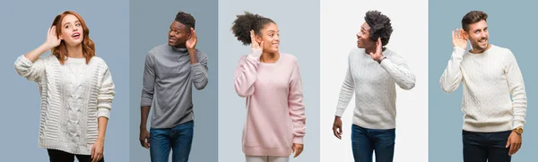 噂やゴシップに審理をリスニングの耳に手を浮かべてヴィンテージ背景に冬のセーターを着ているアフリカ系アメリカ人 ヒスパニックの人々 のグループのコラージュ 難聴の概念 — ストック写真