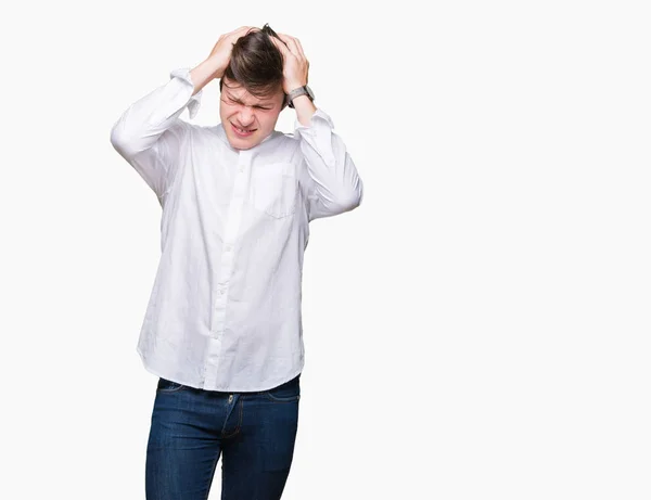 Młody Przystojny Biznesmen Białym Tle Cierpiących Ból Głowy Zdesperowany Zestresowani — Zdjęcie stockowe