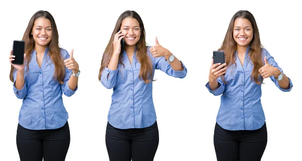 Collage Beautiful Young Business Woman Using Smartphone Isolated Background Happy — Zdjęcie stockowe