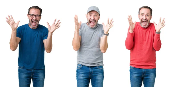 Colagem Homem Sênior Bonito Sobre Fundo Isolado Branco Comemorando Louco — Fotografia de Stock