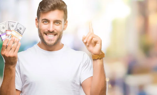 Young Handsome Man Holding Stack Dollars Isolated Background Surprised Idea — Stock Photo, Image