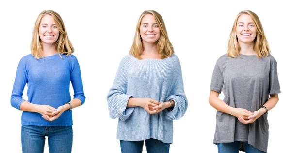 Collage Vacker Blond Kvinna Över Vita Isolerade Bakgrund Händer Tillsammans — Stockfoto