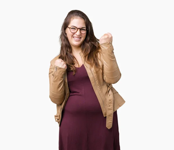 Beautiful Size Young Woman Wearing Dress Leather Jacket Isolated Background — Stock Photo, Image