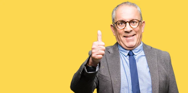 Handsome Senior Businesss Man Wearing Glasses Tie Doing Happy Thumbs — Stock Photo, Image