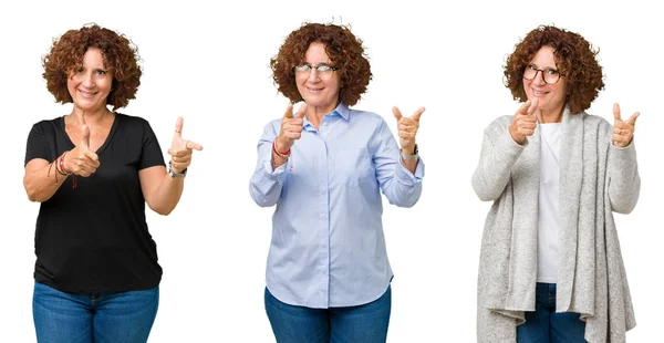 Коллаж Пожилой Женщины Среднего Возраста Белом Изолированном Фоне Указывающий Пальцами — стоковое фото