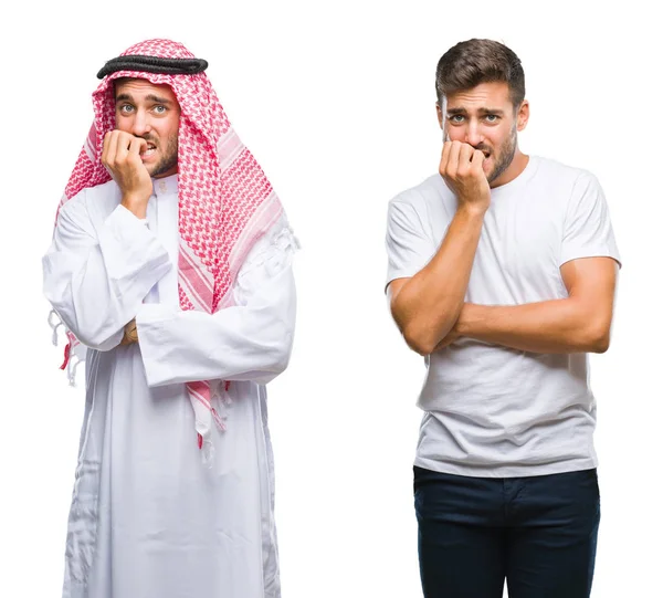 ハンサムな若い男と見て不安や緊張と分離の背景上のアラブ人のコラージュ手爪をかむ口 不安の問題 — ストック写真
