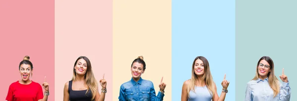 Collage Mujer Hermosa Joven Sobre Rayas Colores Fondo Aislado Señalando —  Fotos de Stock