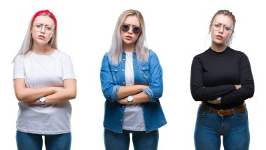 Izole arka plan şüpheci ve sinir üzerinde gözlük takan güzel sarışın genç kadın kolaj, çapraz kolları ile yüzünde onaylamayan ifade. Negatif kişi.