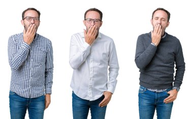 Kolaj yakışıklı üst düzey iş adamı beyaz izole zemin üzerinde bir esneme yorgun kapsayan ağız el ile sıkılmış. Restless ve uyku hali.