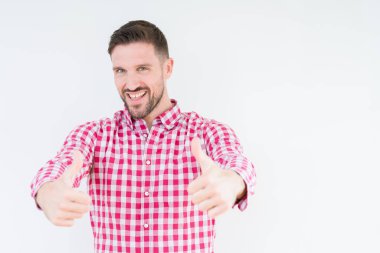 Yakışıklı delikanlı el ile pozitif jest yapıyor onaylama izole arka plan üzerinde gömlek giymiş başparmak gülümseyen ve başarı için mutlu. Kamera, kazanan jest arıyorsunuz.