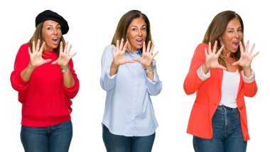 Kolaj güzel orta yaş kadın beyaz bir arka plan korkuyor ve dehşete şokta bağırarak el ile korku ifade dur hareketi ile izole. Panik kavramı.