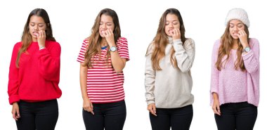 Kolaj stresli ve gergin ile izole arka plan üzerinde güzel genç kadının tırnak ısırma dudaklarından eller. Anksiyete sorunu.