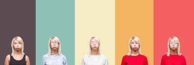 Komik surat ile yanakları şişirme vintage izole arka plan güzel sarışın kadın kolaj. Ağız ile hava, deli ifade şişirilmiş.