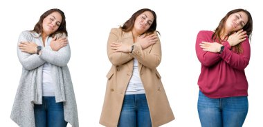 Kolaj artı boyutu kadın kendini mutlu ve olumlu sarılma, kendinden emin gülümseyen izole arka plan güzel. Kendi aşk ve öz bakım