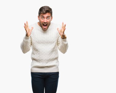 Üzerinde kış kazak giyen genç yakışıklı adam deli kutluyor arka plan izole ve başarı için kaldırdı kollarını açarak hayrete ve heyecanlı çığlık gözleri açık. Kazanan kavramı