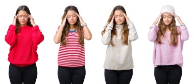 Güzel genç kadın kolaj izole arka plan baş baş ağrısı için el ile çünkü stres. Migren muzdarip.