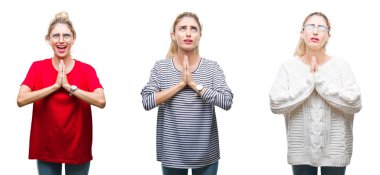 Kolaj genç güzel sarışın kadının yalvarıyor ve umut ifade yüzünde çok duygusal ve endişe ile birlikte elleriyle dua izole arka plan üzerinde. Bağışlanmak. Din kavramı.