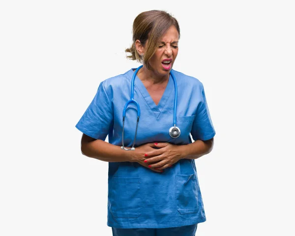 Medelåldern Ledande Sjuksköterska Läkare Kvinna Över Isolerade Bakgrund Med Handen — Stockfoto