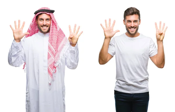 Kolaż Przystojny Młody Mężczyzna Emiraty Mężczyzna Białym Tle Wyświetlono Skierowaną — Zdjęcie stockowe