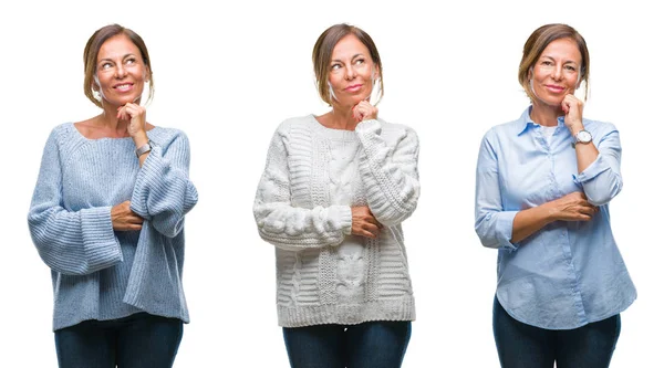 Collage Mujer Hispana Mediana Edad Sobre Fondo Aislado Con Mano — Foto de Stock