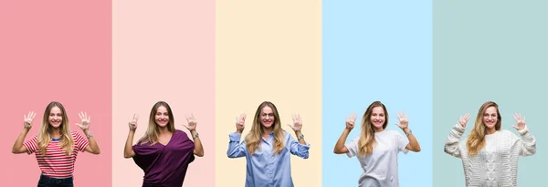 Collage Beautiful Young Woman Colorful Stripes Isolated Background Showing Pointing — Stock Photo, Image
