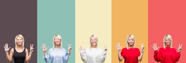 Collage Von Schönen Blonden Frau Über Vintage Isolierten Hintergrund Zeigt — Stockfoto