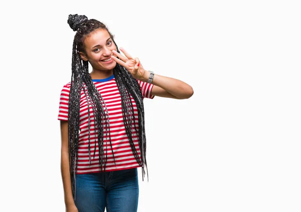 Ung Flätade Hår Afrikanska Amerikanska Flickan Över Isolerade Bakgrund Visar — Stockfoto
