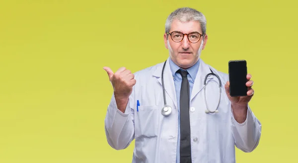 Handsome Senior Doctor Man Showing Screen Smarpthone Isolated Background Pointing — Stock Photo, Image