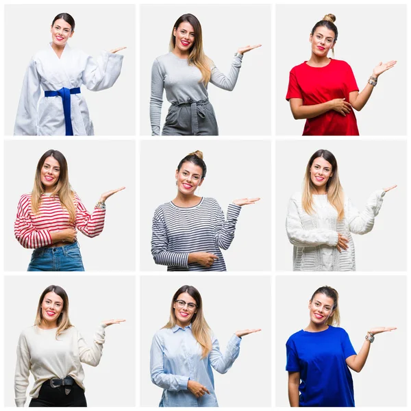 Colagem Jovem Bela Mulher Sobre Fundo Isolado Sorrindo Alegre Apresentando — Fotografia de Stock