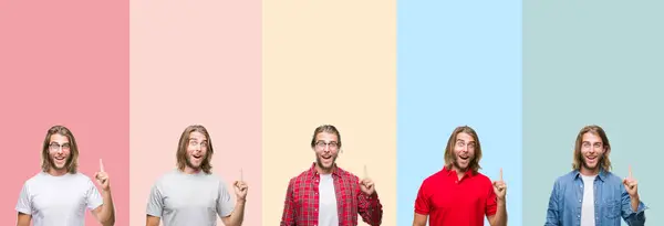 Colagem Homem Bonito Jovem Sobre Listras Coloridas Isolado Fundo Apontando — Fotografia de Stock