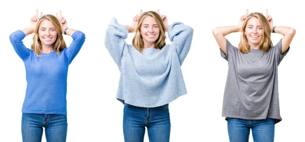 Collage Von Schönen Blonden Frau Über Weißen Isolierten Hintergrund Posiert — Stockfoto