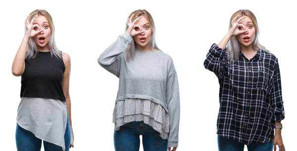 Collage Beautiful Blonde Young Woman Isolated Background Doing Gesture Shocked — Stock Photo, Image