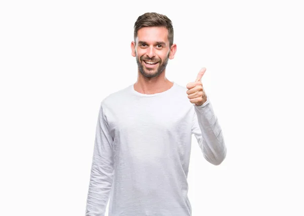 Joven Hombre Guapo Sobre Fondo Aislado Haciendo Pulgares Felices Gesto —  Fotos de Stock