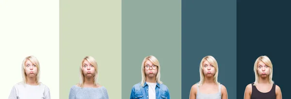 Collage Vacker Blond Kvinna Över Grön Vintage Isolerade Bakgrund Pustande — Stockfoto