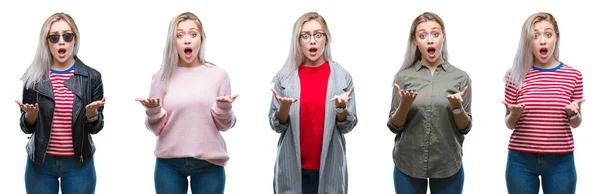 Collage Einer Schönen Blonden Jungen Frau Mit Isoliertem Hintergrund Verängstigt — Stockfoto