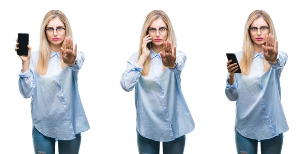 Collage Young Beautiful Blonde Business Woman Using Smartphone Isolated Background — Stock Photo, Image