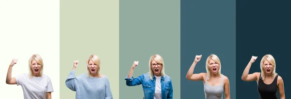 Collage Van Mooie Blonde Vrouw Groene Vintage Geïsoleerde Achtergrond Boos — Stockfoto