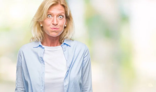 Middle Age Blonde Woman Isolated Background Puffing Cheeks Funny Face — Stock Photo, Image