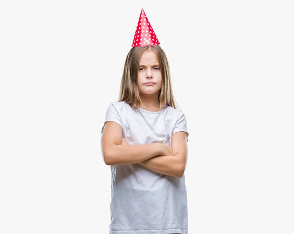 Mooi Meisje Verjaardag Glb Dragen Geïsoleerde Achtergrond Scepticus Nerveus Afkeurende — Stockfoto
