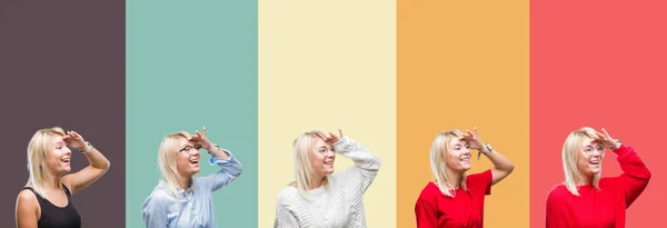 Collage Beautiful Blonde Woman Vintage Isolated Background Very Happy Smiling — ストック写真