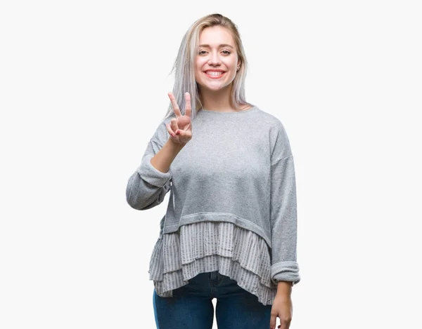 Young Blonde Woman Isolated Background Showing Pointing Fingers Number Two — Stock Photo, Image