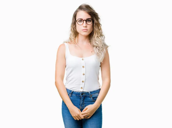 Belle Jeune Femme Blonde Portant Des Lunettes Sur Fond Isolé — Photo