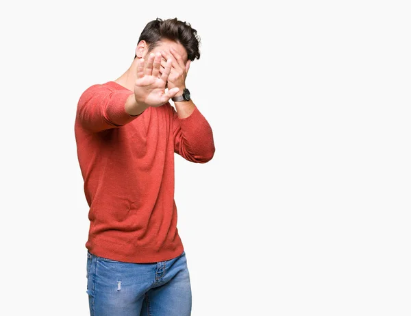 Young Handsome Man Isolated Background Covering Eyes Hands Doing Stop — Stock Photo, Image