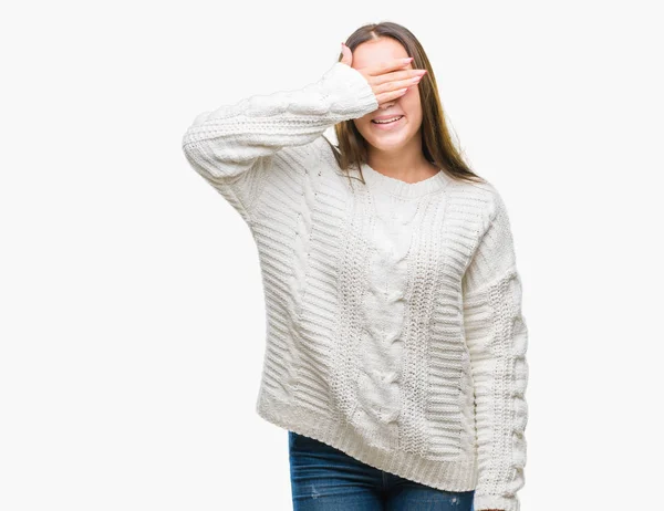 Mooie Kaukasische Jongedame Winter Trui Dragen Geïsoleerde Achtergrond Glimlachen Lachen — Stockfoto